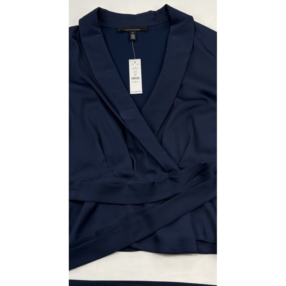 NWT White House Black Market Blue Satin Wrap Blouse Tie Waist Puff Sleeve Sz 14 - Picture 3 of 16